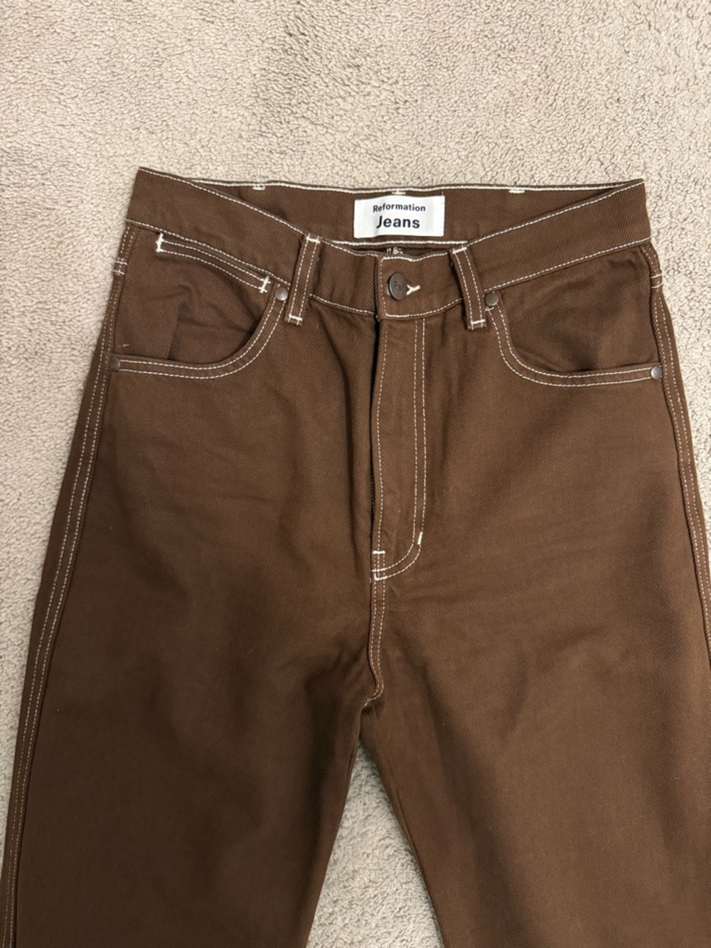 Reformation Brown Jeans with White Topstitching